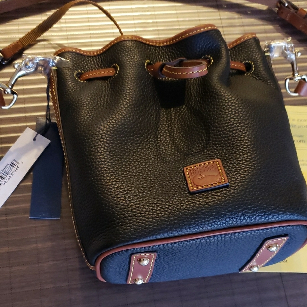 Dooney & Bourke Black and Brown Leather Small Drawstring Bag N W T - Picture 3 of 9